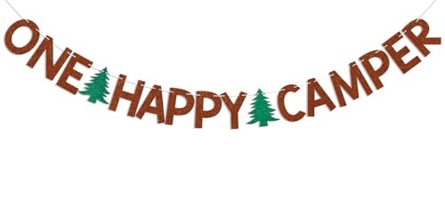 One Happy Camper Banner - Brown Glitter Forest Adventure Party Decoration