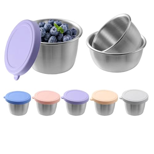 PandaEar 6 Pack Stainless Steel Condiment Containers - 2.4 oz Leakproof Cups with Silicone Lids