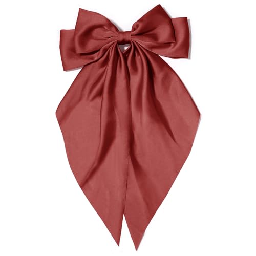 Kivzex Large Silky Satin Hair Bow Clip, Brick Red Long Tail Hair Ribbon