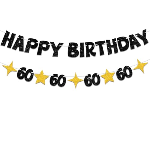 Happy 60th Birthday Banner, Black and Gold Glitter Party Decoration Sign