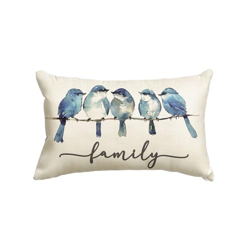 Bluebird Family Watercolor Throw Pillow Cover - 12x20 Inch