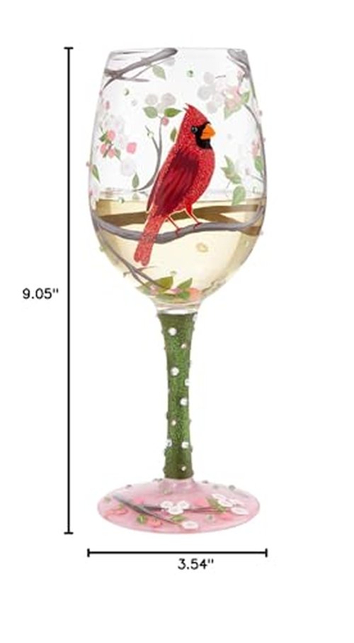 Enesco Designs by Lolita Cardinal Bird with Cherry Blossoms Beauty Artisan Hand-Painted Wine Glass, 15 Ounce, Multicolor