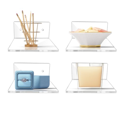 4-Inch Clear Acrylic Floating Wall Shelves - Set of 4 Small Display Ledges