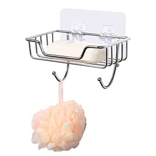 Uten 1 Pack Stainless Steel Shower Soap Holder with Hooks, No-Drill Wall Mount, Silver