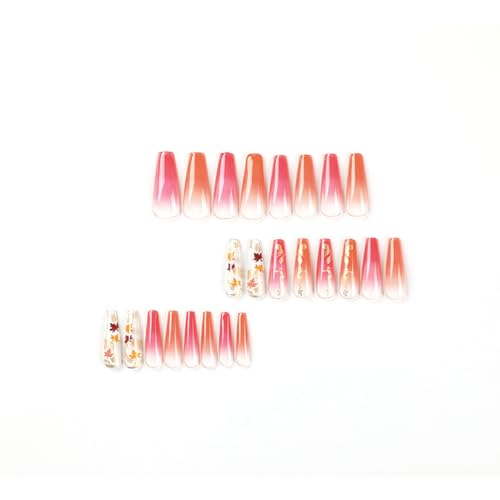Maple Leaf Press On Nails Long Coffin French Red Gradient Fake Nails