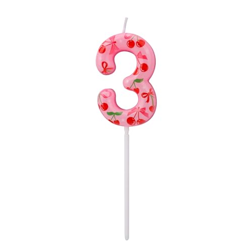 BOXOB Cherry Birthday Number 3 Candle Sweet Pink Cake Topper