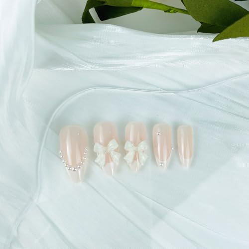 Press On Nails Medium Almond French Tip with 3D White Bow and Rhinestones