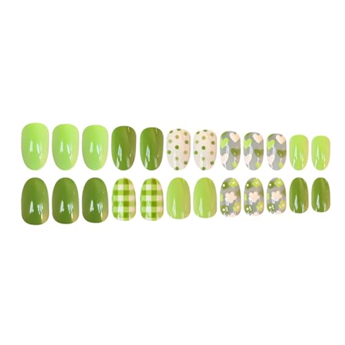 Green Floral Press on Nails Medium Almond False Nails with Polka Dot