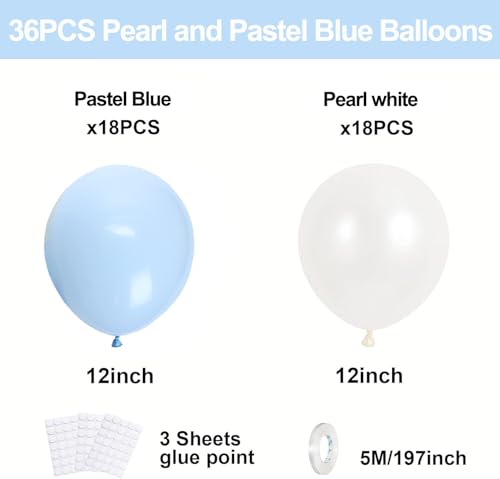 36-Piece Pearl White and Pastel Blue 12-Inch Latex Balloon Kit with Ribbon and Glue