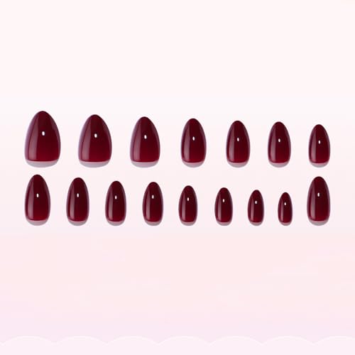 Wine Red Short Almond Press On Nails Glossy Fake Nails Kit