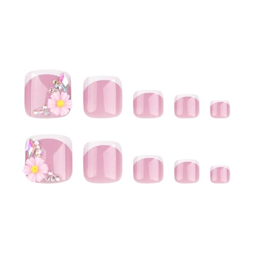 Teilihai White French Press on Toenails with 3D Daisy Charm Rhinestones