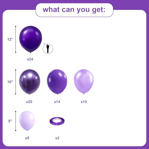 WARRENSON Purple Balloons 72 Pack Assorted Sizes Metallic Chrome Pearl Latex