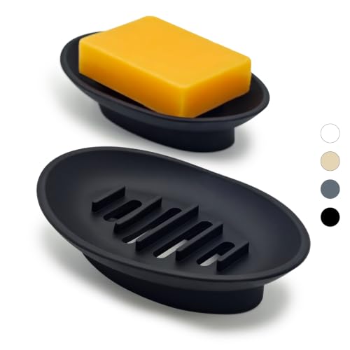 Aenfaiy Silicone Soap Holder - Self-Draining Soap Dish for Shower (Black, 2pcs)