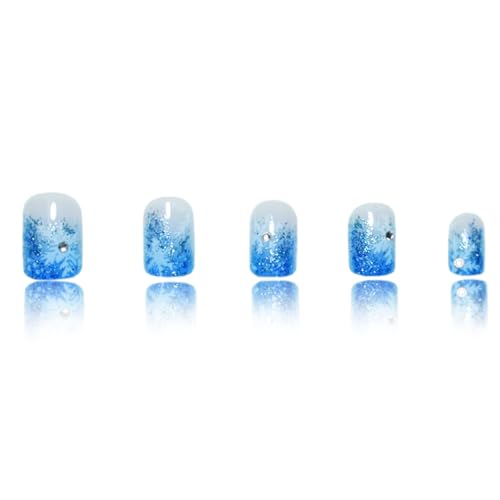 SHUXILIN Christmas Blue Press on Nails Short Square Glitter False Nails with Rhinestones