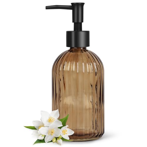 Stripe Amber Glass Soap Dispenser with Black Plastic Pump - 400ml