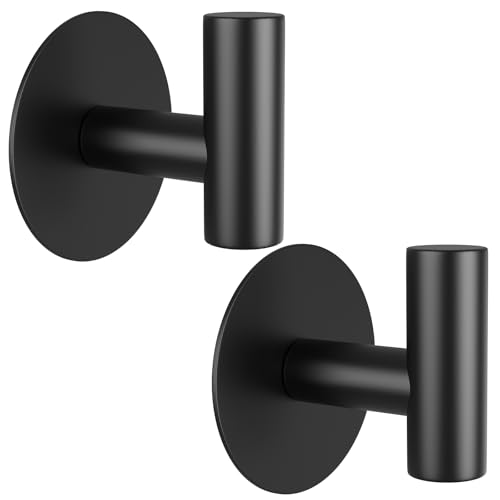 Heavy Duty Self-Adhesive Coat Hooks - Stainless Steel Wall Hooks (2 Pack, Black)