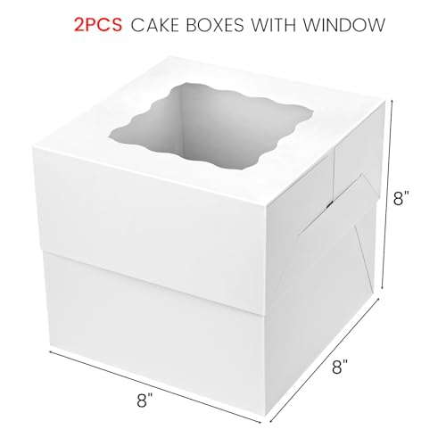 VGOODALL 2 Pack 8x8x8 Inch White Cake Boxes with Window