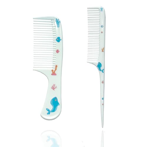 Lyaiwever Baby Hair Comb Set 2-Piece Mini Fine Tooth and Rat-Tail Combs Blue
