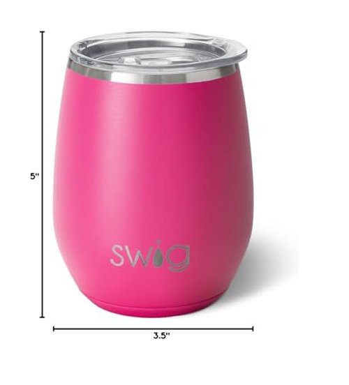 Swig Life 14oz Stemless Wine Cup, Insulated Wine Tumbler with Lid, Stainless Steel Travel Tumbler (Hot Pink)