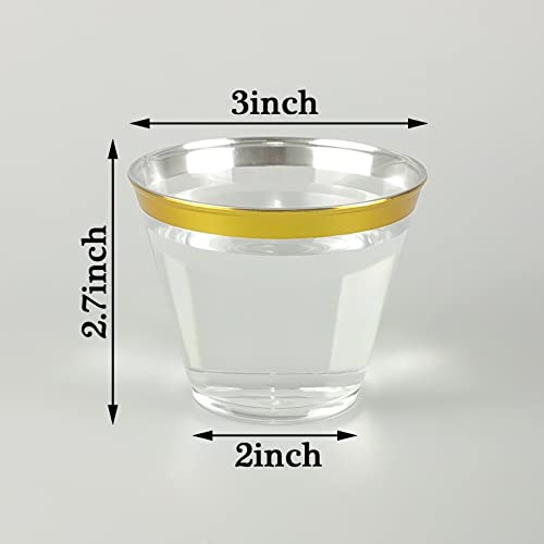 QPEY 50 Pack Gold Rimmed Disposable Party Cups - 9 Oz Elegant Wine Glasses