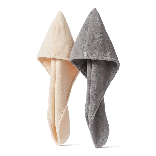 Amazon Basics Microfiber Hair Towel Wrap 2-Pack - Quick Dry, Grey/Beige, Elastic Closure