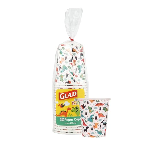 Glad Kids Disposable Paper Cups, Dinosaur Design, 9 Oz, 20 Count