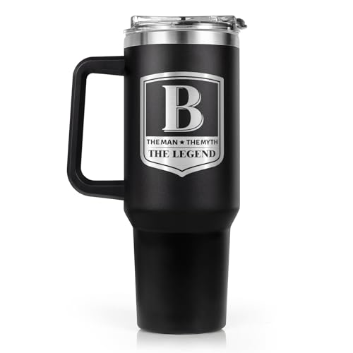 Personalized Initial 40oz Tumbler with Handle & Straw Lid - Gift for Men - Variation B