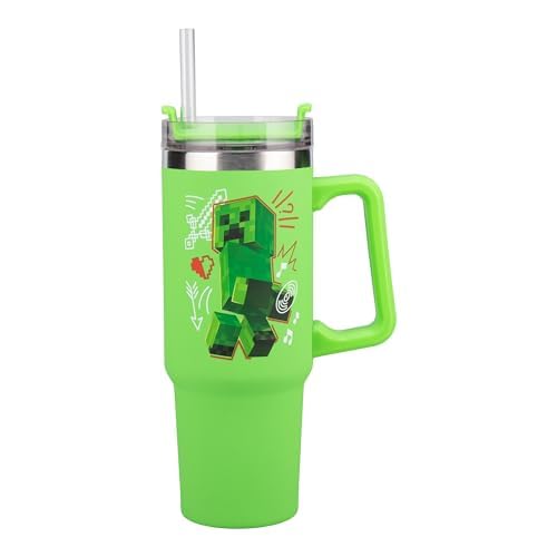 Paladone Minecraft Steve & Creeper 30 oz Green Insulated Cup and Straw, Officially Licensed Tumbler Travel Cup with Handle for Iced Tea or Coffee, Gaming Merchandise