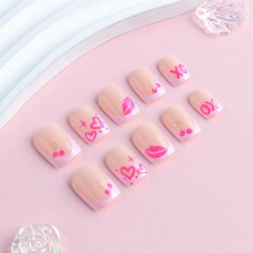 Short Square Press on Nails Valentine French Tip Acrylic False Nails
