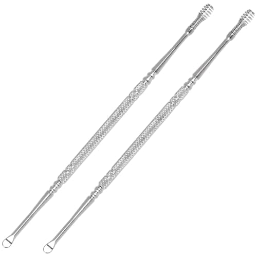 LUXXII Stainless Steel Ear Wax Removal Tool Kit - 2 Pack Reusable Ear Spoon Cleaner with Spiral Spring and Loop Scoop