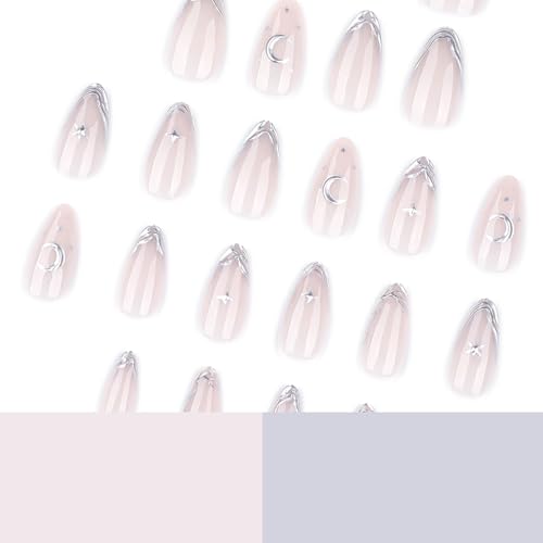 Almond Press On Nails Silver French Tip with 3D Star Designs Reusable