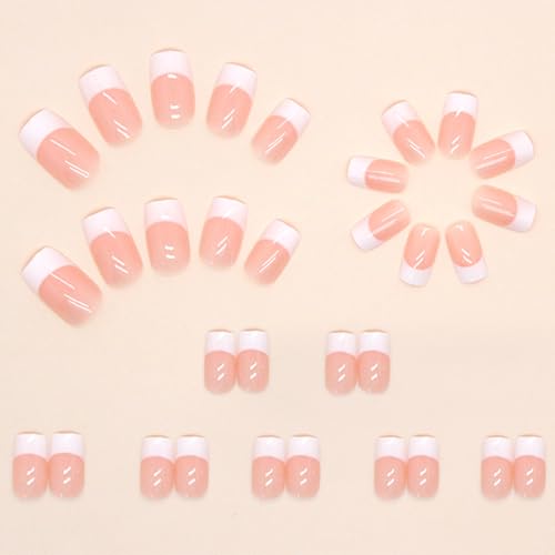 White French Tip Medium Square Press On Nails Glossy Fake Nails 32Pcs