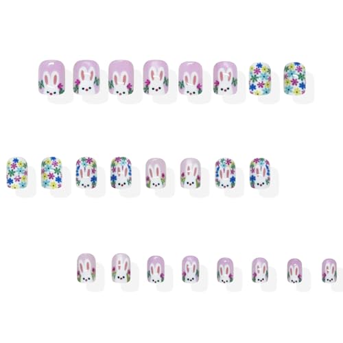 Easter Press on Nails Short Square False Nails with Cute Rabbit Flower