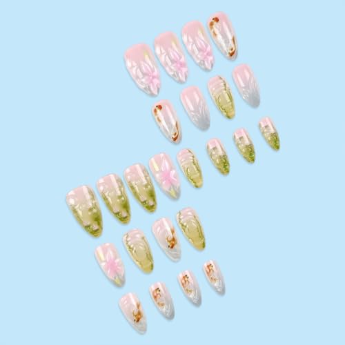 PSBRBAD Medium Almond Press on Nails 3D Floral Goldfish Fake Nails