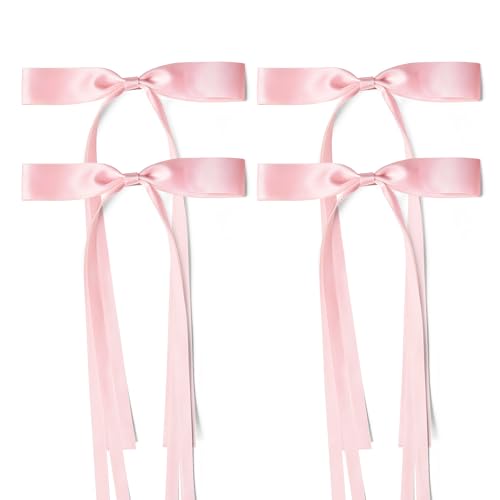 Pink Satin Hair Bows for Women - Large Long Tail Bow Barrettes (4 Pack)