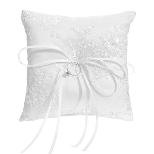 Elegant White Cotton Wedding Ring Bearer Pillow with Lace Trim