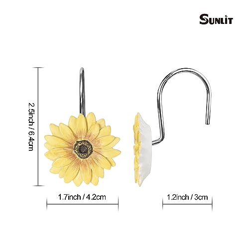 Sunlit Yellow Sunflower Shower Curtain Hooks - Summer Floral Resin Bathroom Decor, Set of 12