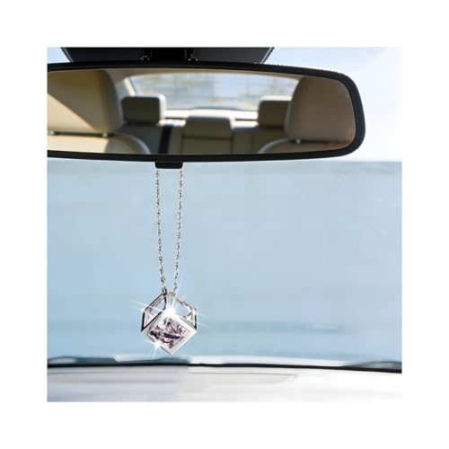 Rhinestone Cube Rear View Mirror Charm with Chain - Pink