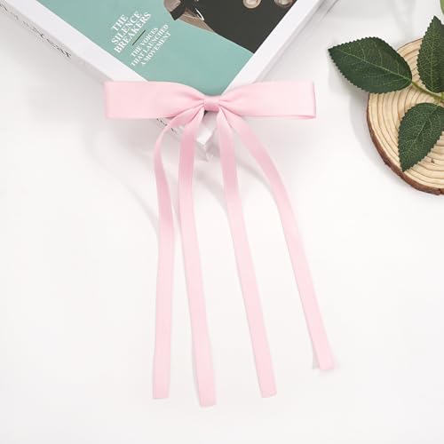 Pink Satin Hair Bows for Women - Large Long Tail Bow Barrettes (4 Pack)