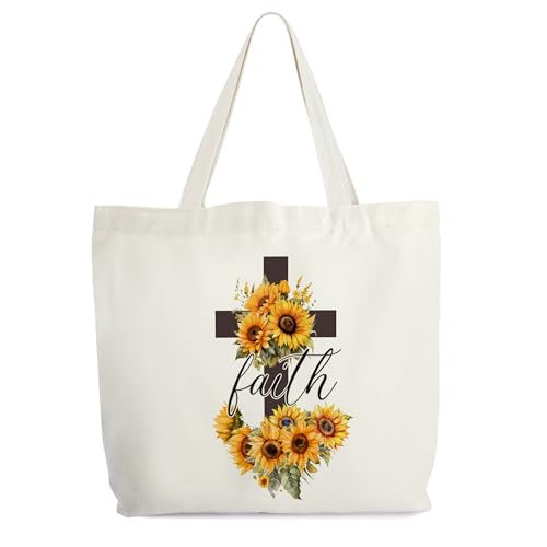 Faith Canvas Tote Bag for Women - Sunflower Design, 16.5"