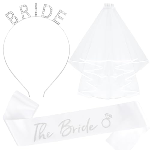 KICOSY Bride Headband, Satin Sash and Veil Set for Bachelorette Party