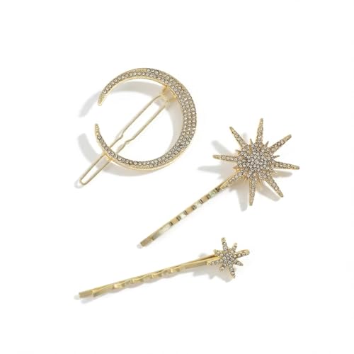 Wouputy 3 Pack Gold Crystal Moon and Star Hair Pins Celestial Accessories
