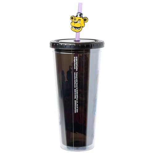 Silver Buffalo Five Nights at Freddy's Plastic Cold Cup with Lid and Straw Topper Featuring Freddy Fazbear, Foxy, Chica, and Bonnie, 24 Ounces
