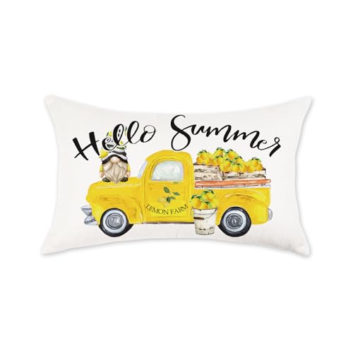 12x20 Inch Summer Throw Pillow Cover - Yellow Truck & Gnome