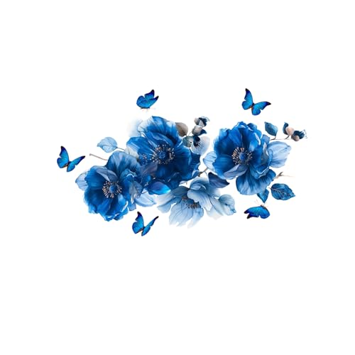 Blue Peony Flower Wall Decals with Butterflies - Removable Vinyl Stickers