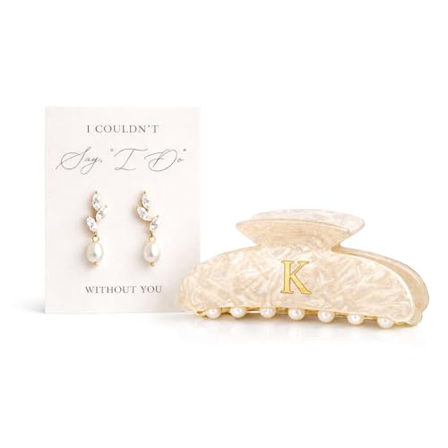 Bridesmaid Initial Hair Claw Clip with Matching Earrings Pearl Letter