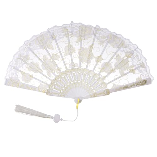 Jmkcoz White Lace Handheld Folding Fan with Embroidered Flowers for Weddings & Parties