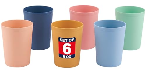 Bright 6 Pack Kids Reusable 8oz Plastic Cups - Unbreakable, Toddler Friendly