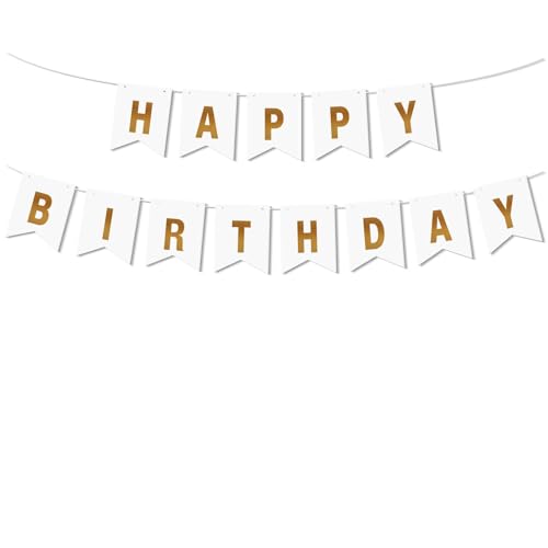 Elegant White Gold Happy Birthday Banner - Reusable Party Decor