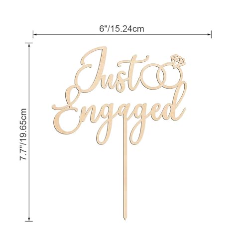 Wooden Just Engaged Cake Topper with Diamond Ring Design, 7.7 x 6 Inches